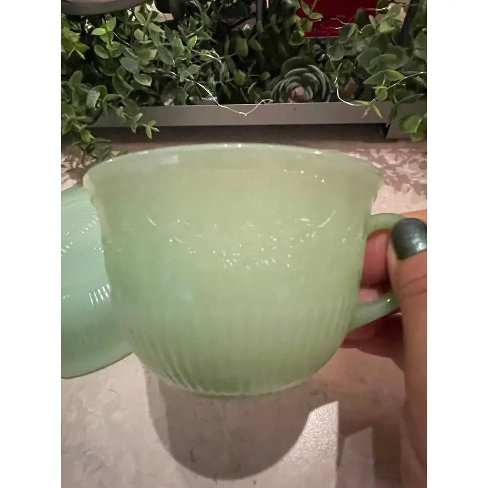 Vintage Green Jadeite Teacup 8oz & Saucer 6” ribbed w embossed floral pattern
